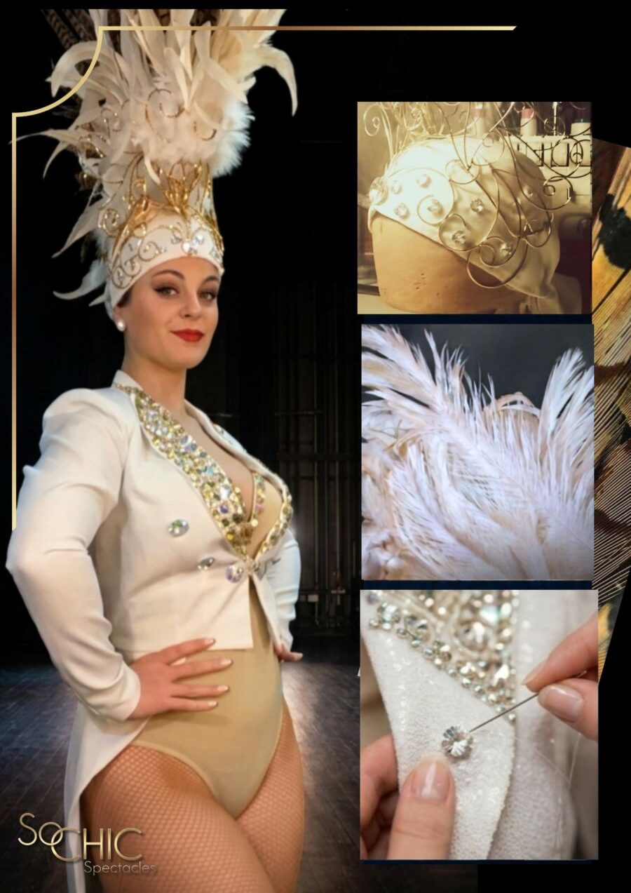 Artiste de cabaret So Chic Spectacles en costume blanc de luxe et coiffe à plumes, accompagnée de détails de confection artisanale : broderie de strass à la main, plumasserie et structure dorée. So Chic Girls