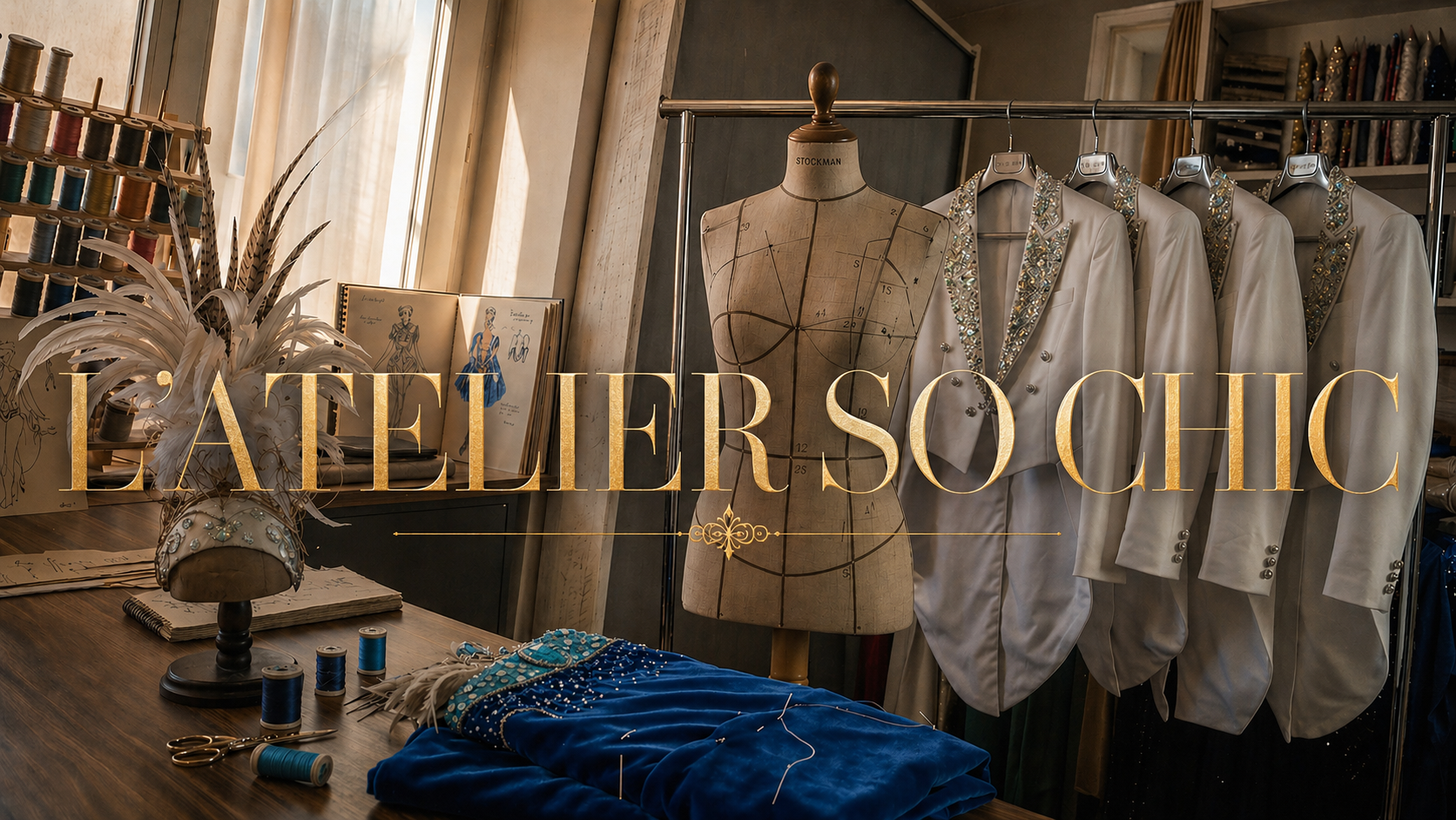 Atelier de couture haut de gamme pour création de costumes de scène de type revue cabaret. Confection d'accessoires de plume et plumasserie de spectacle. L'Atelier So Chic Spectacles