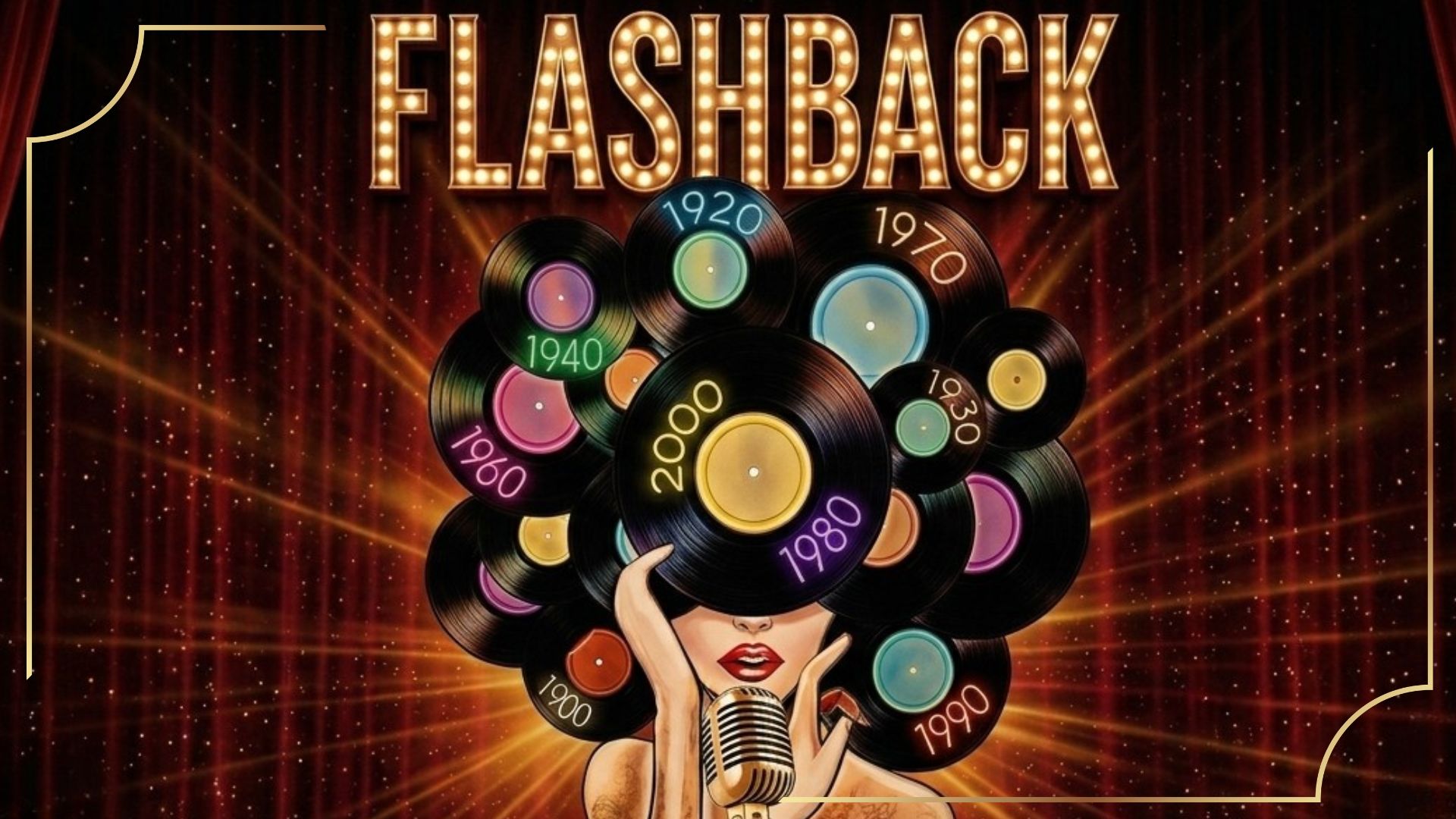 Affiche du spectacle Flashback par So Chic Spectacles : une femme élégante avec une coiffure spectaculaire faite de disques vinyles représentant les décennies musicales de 1900 à nos jours, style cabaret Vegas.