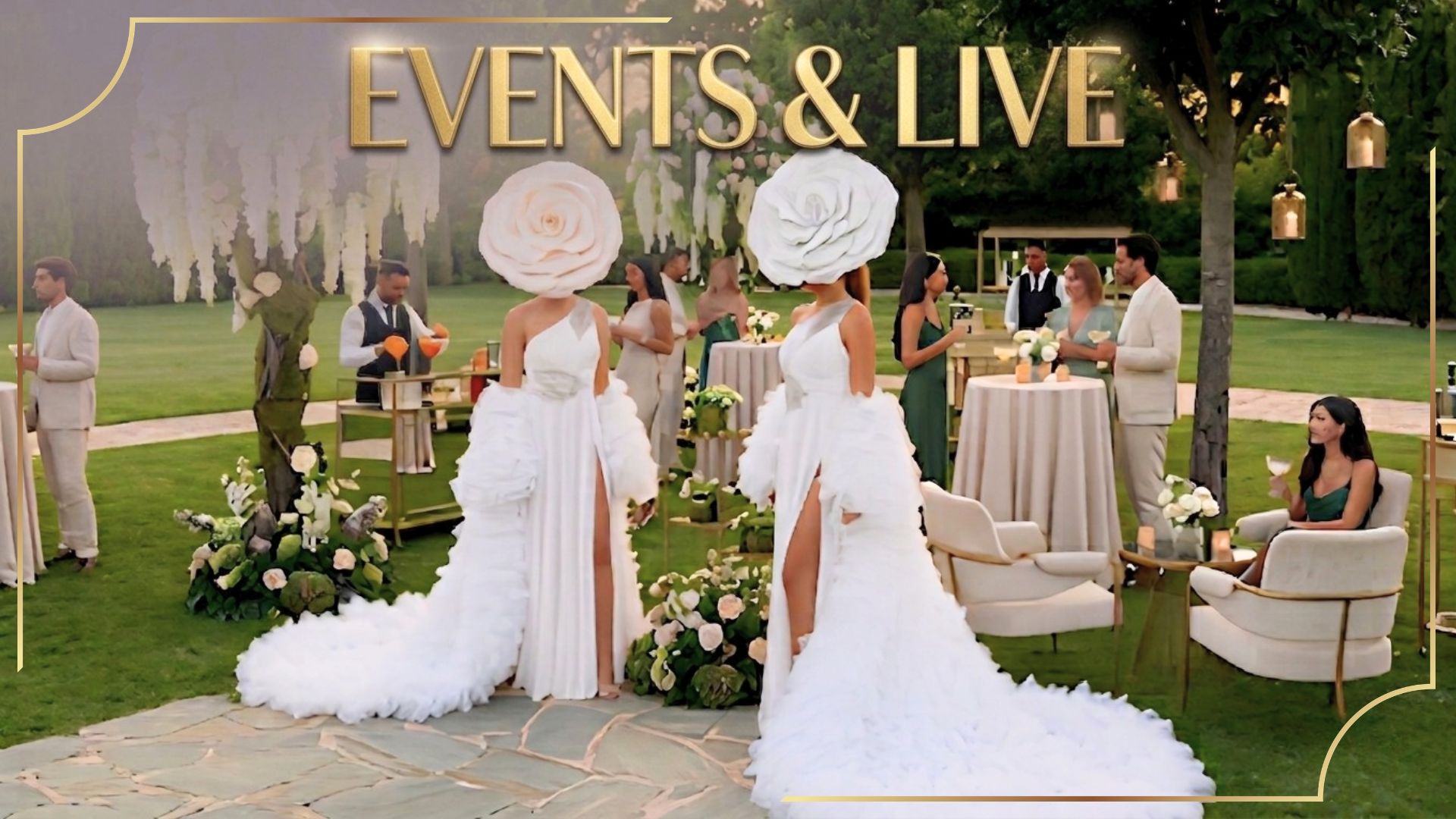 Spectacle événementiel de prestige avec artistes en robes blanches élégantes et chapeaux fleurs géantes lors d'un cocktail chic en extérieur.
