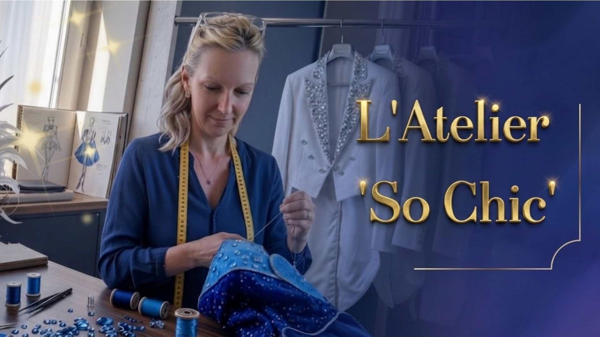 Caroline Créatrice de costumes et plumassière de spectacle dans son atelier pour la troupe So Chic Spectacles