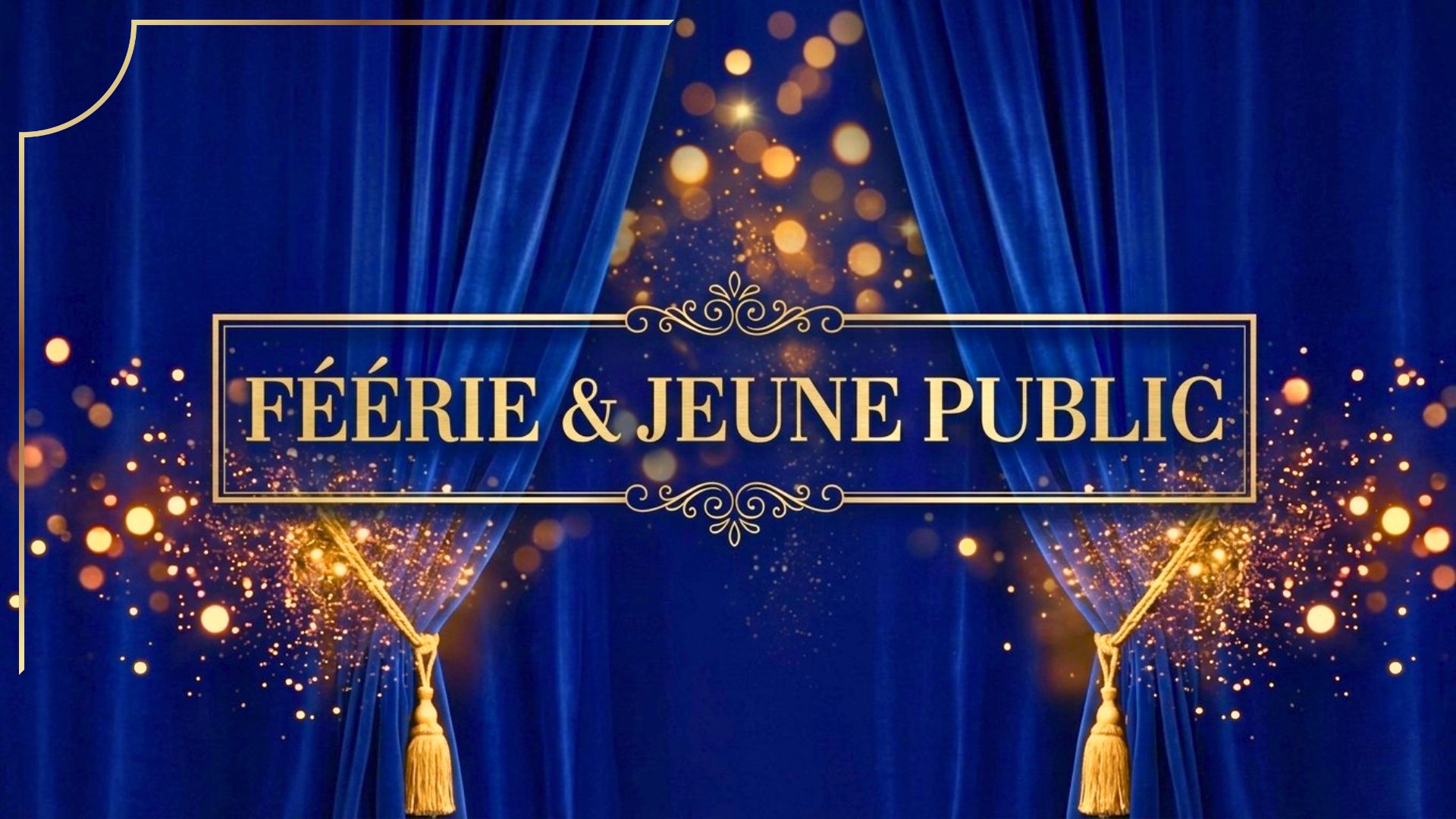 Spectacle de magie féerique Disney pour jeune public sur scène avec rideaux de théâtre en velours bleu nuit et dorures.