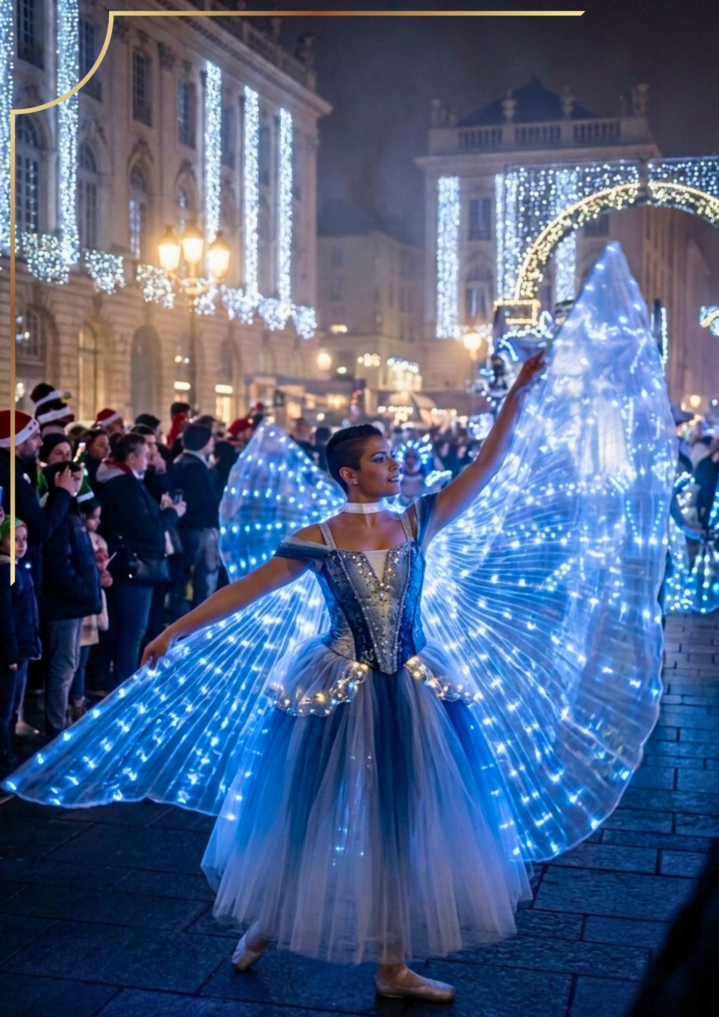 Danseuse de parade lumineuse avec ailes d'Isis LED bleues sur fond noir, spectacle de déambulation féérique So Chic Spectacles.